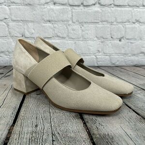 M. Gemi Mary Jane NEW Chunky Heel Shoes Linen Suede Size 38 US 7.5 Creamy Tan